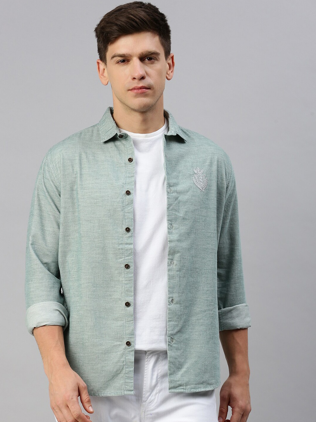 

SHOWOFF Spread Collar Corduroy Shirt, Sea green