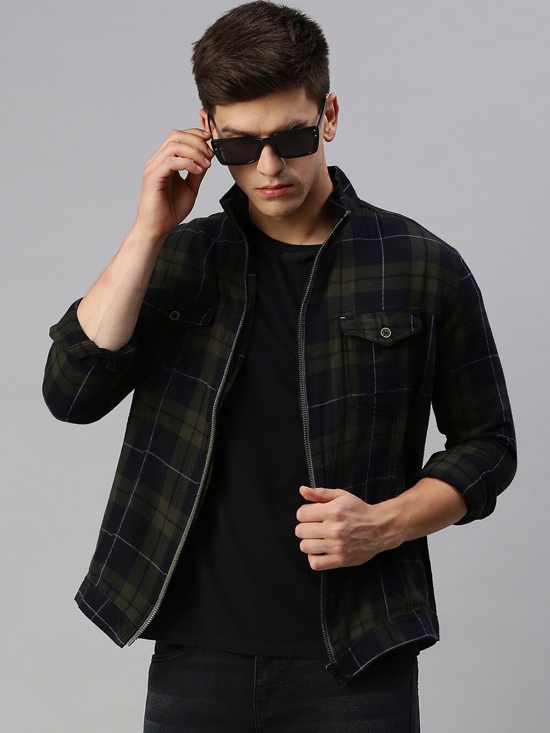 

SHOWOFF Checked Windcheater Cotton Bomber Jacket, Black