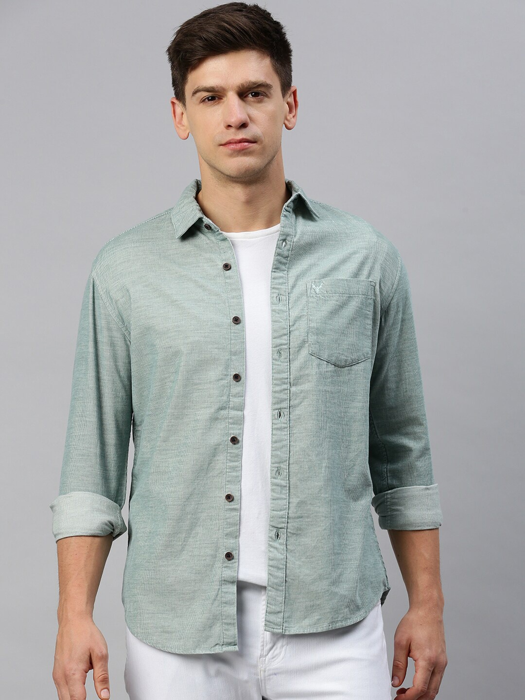 

SHOWOFF Spread Collar Corduroy Shirt, Sea green