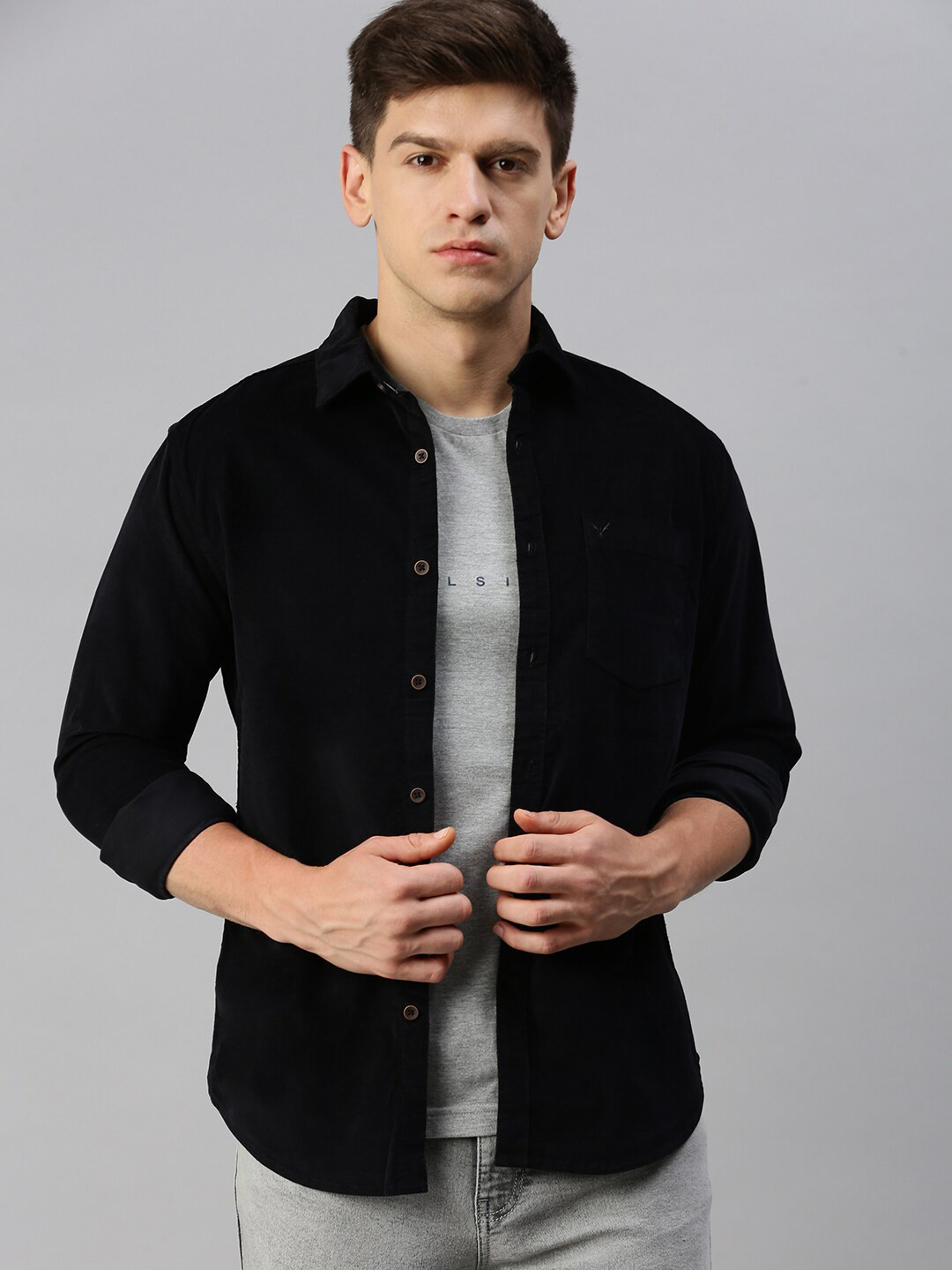 

SHOWOFF Spread Collar Corduroy Shirt, Black