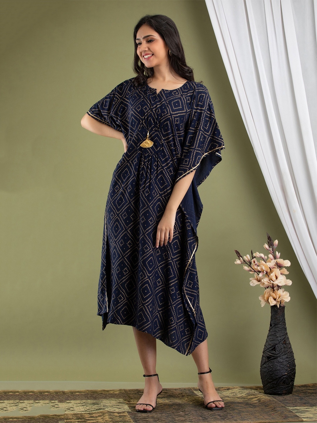 

Mialo fashion Bandhani Ethnic Printed Kimono Sleeve Kaftan Dress, Navy blue