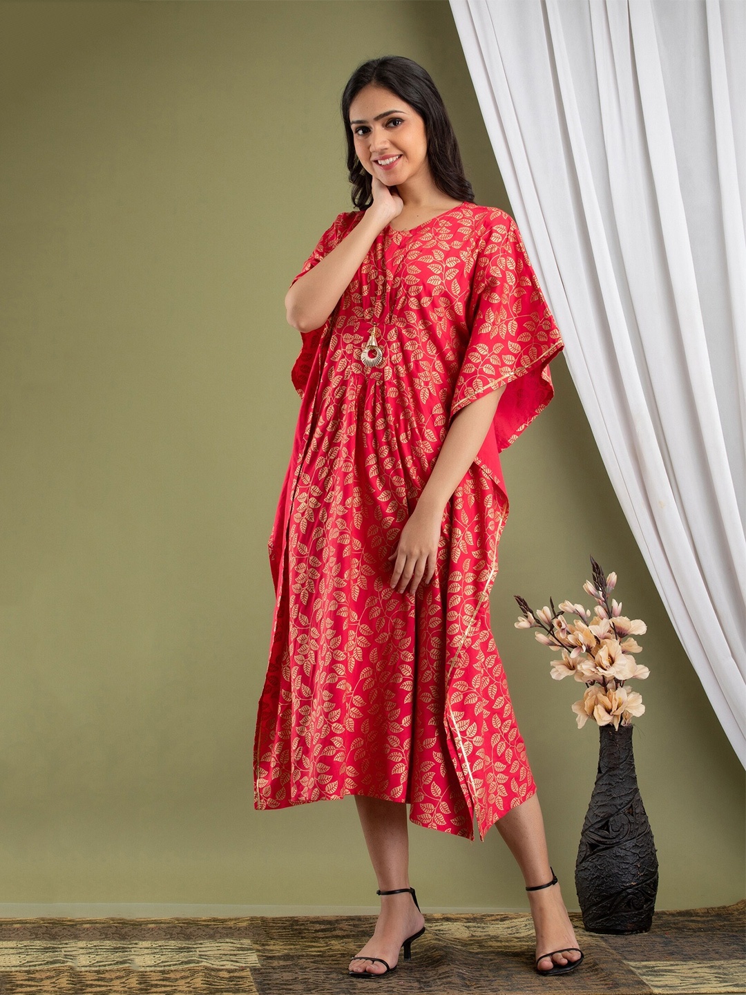 

Mialo fashion Ethnic Printed Kimono Sleeve Kaftan Dress, Red