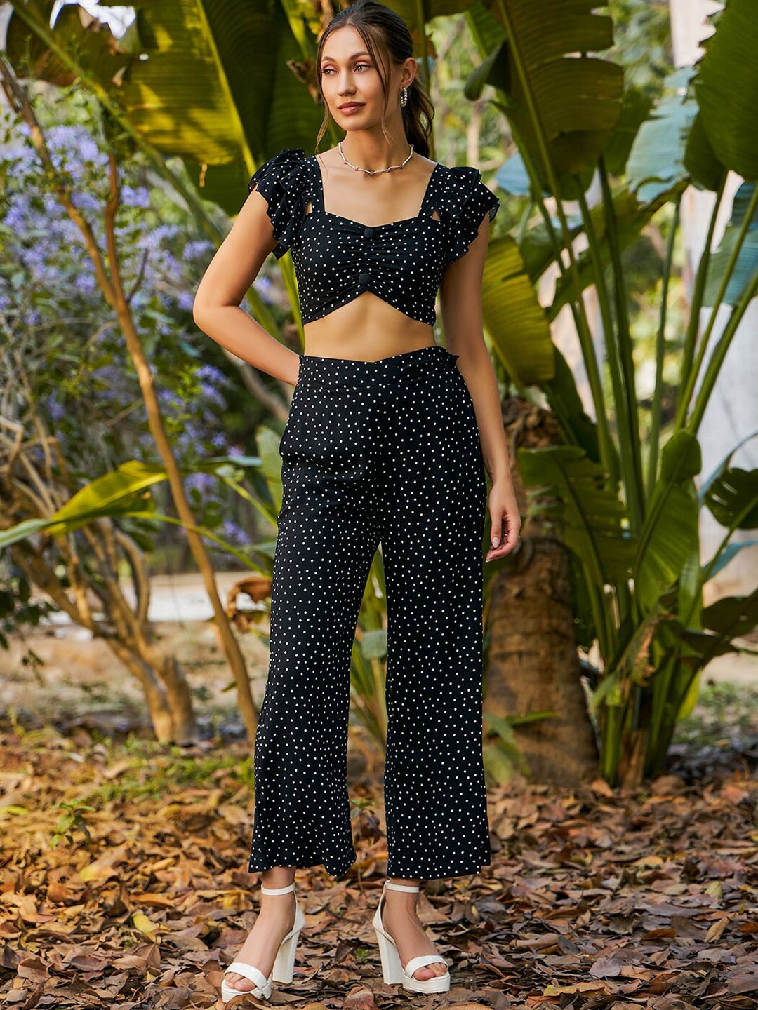 

KASSUALLY Black Polka Dot Printed Crop Top & Trousers