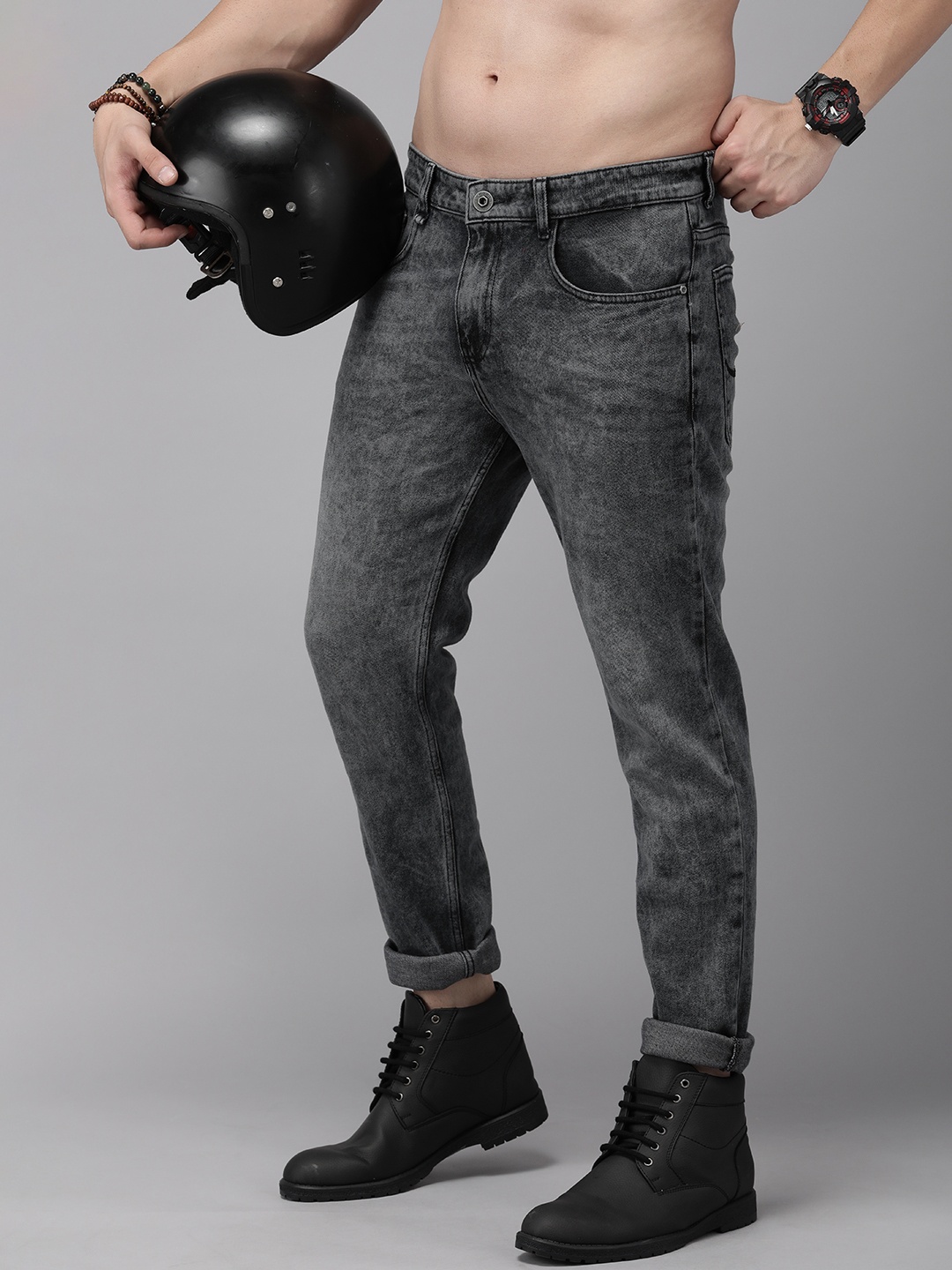 

The Roadster Life Co. Men Slim Fit Acid Wash Stretchable Jeans, Charcoal
