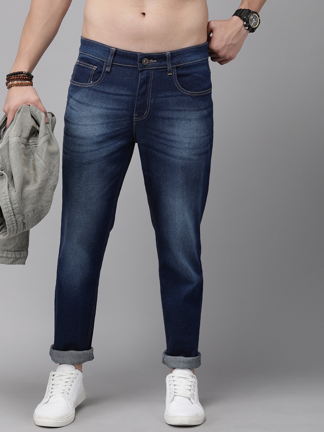 

The Roadster Life Co. Men Slim Tapered Fit Heavy Fade Stretchable Jeans, Navy blue