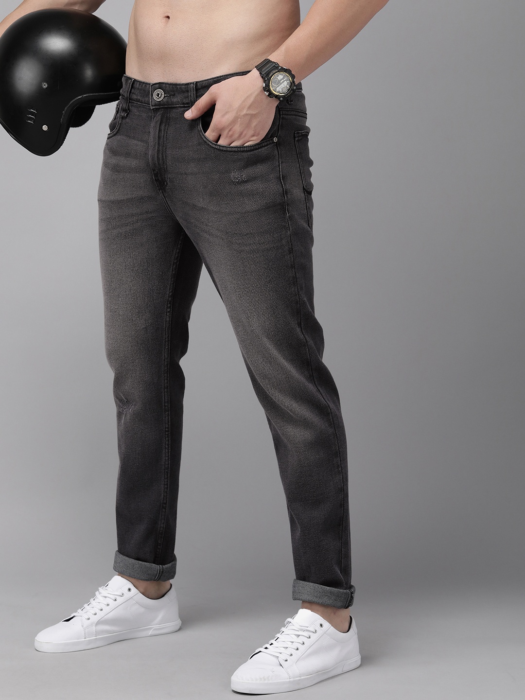 

The Roadster Life Co. Men Slim Tapered Fit Low Distress Heavy Fade Stretchable Jeans, Grey