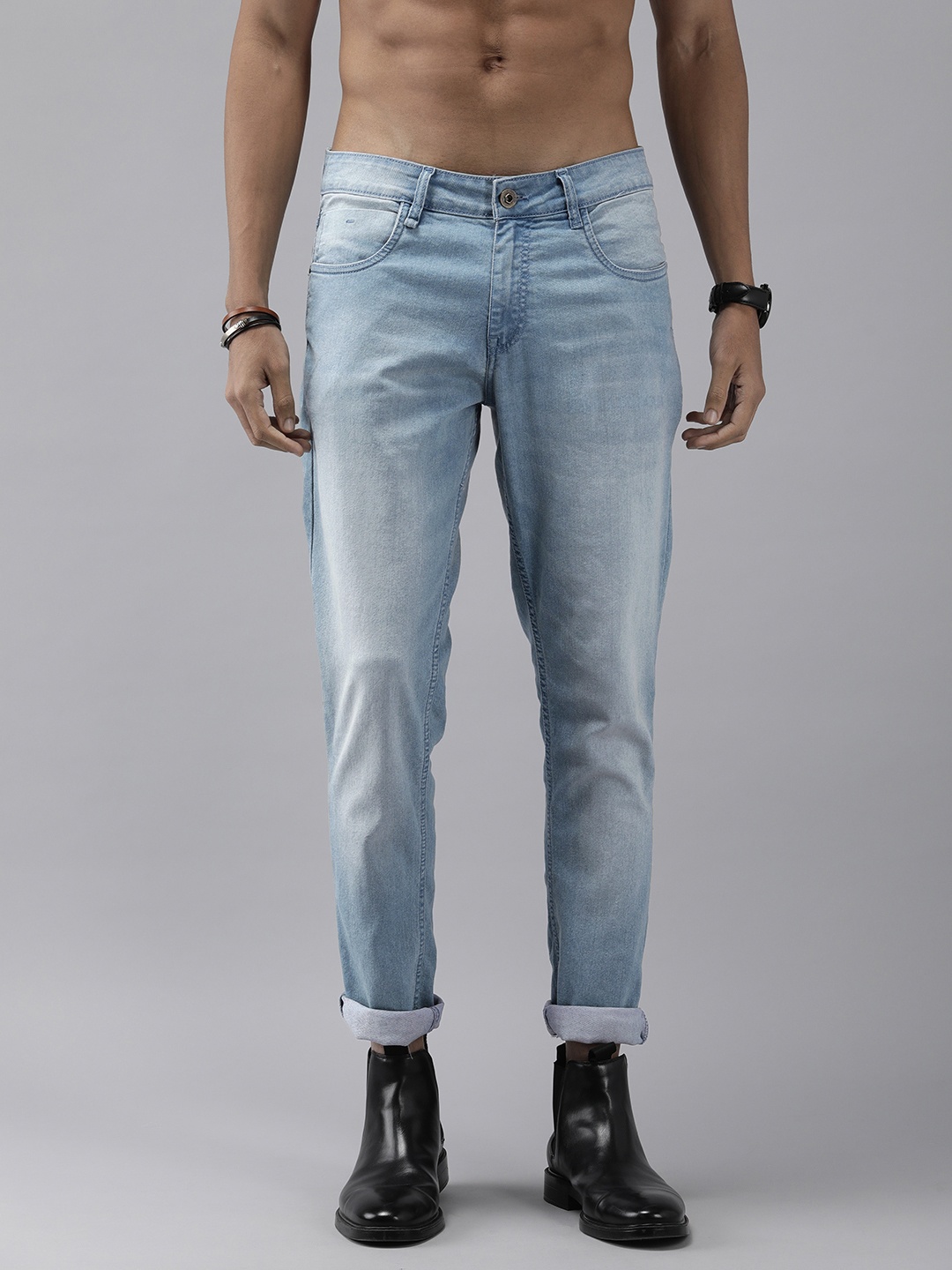 

The Roadster Life Co. Men Slim Tapered Fit Heavy Fade Stretchable Mid-Rise Jeans, Blue