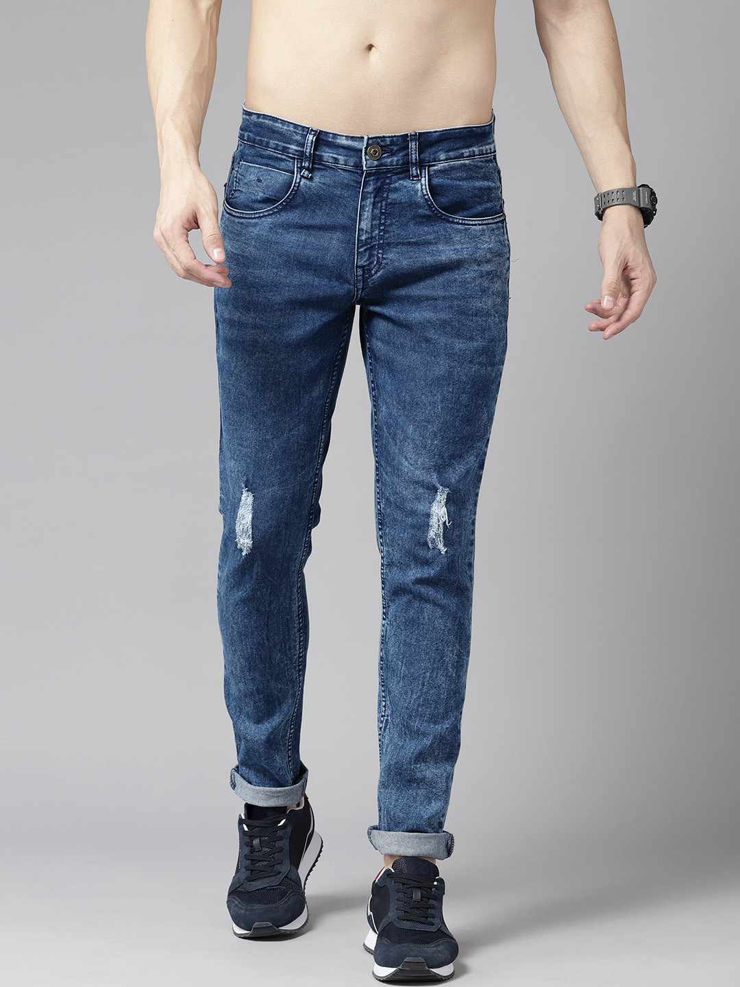 

The Roadster Lifestyle Co. Men Slim Tapered Ripped Jeans, Navy blue