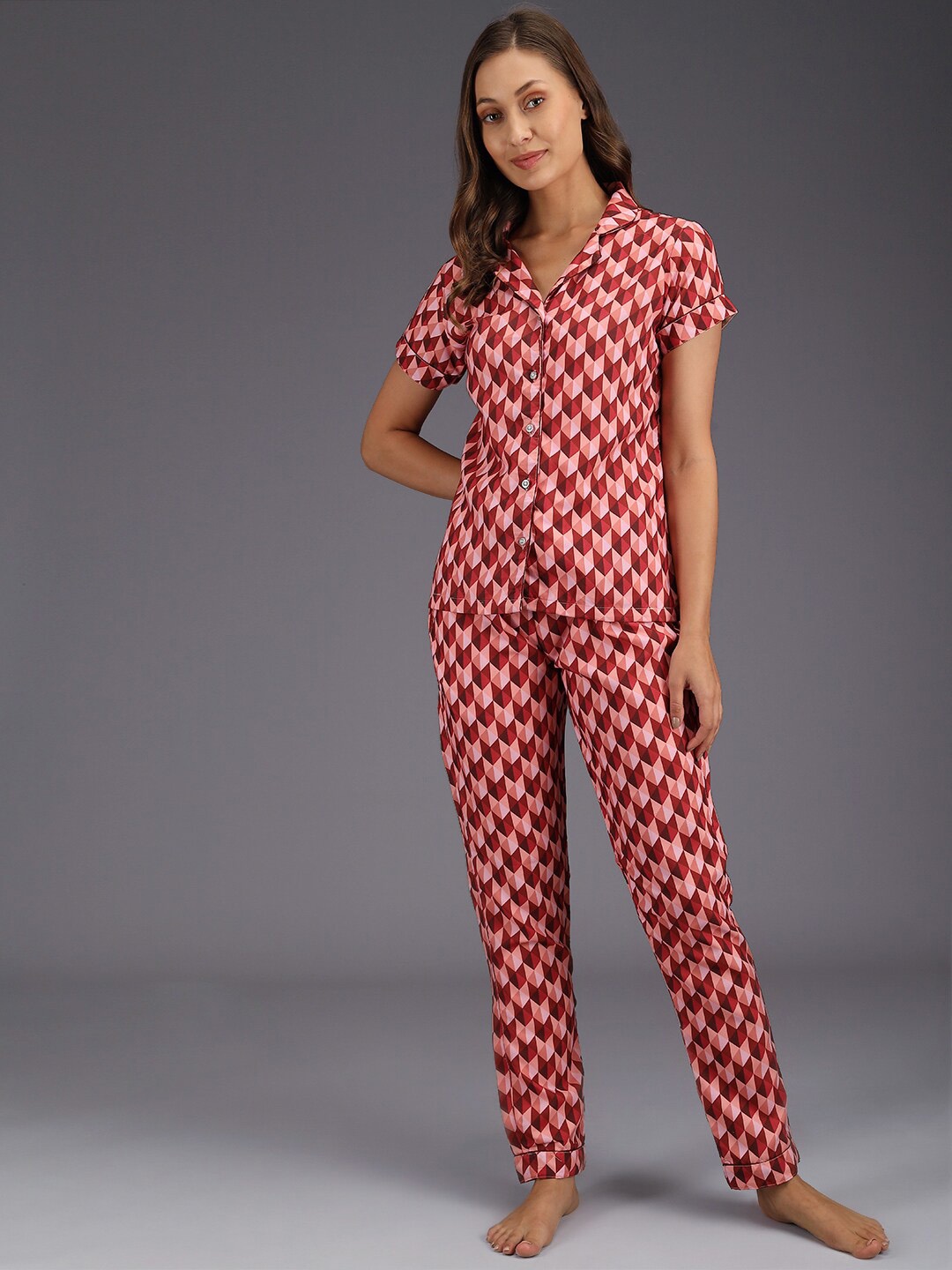 

SEPHANI Geometric Printed Pure Cotton Night Suit, Red