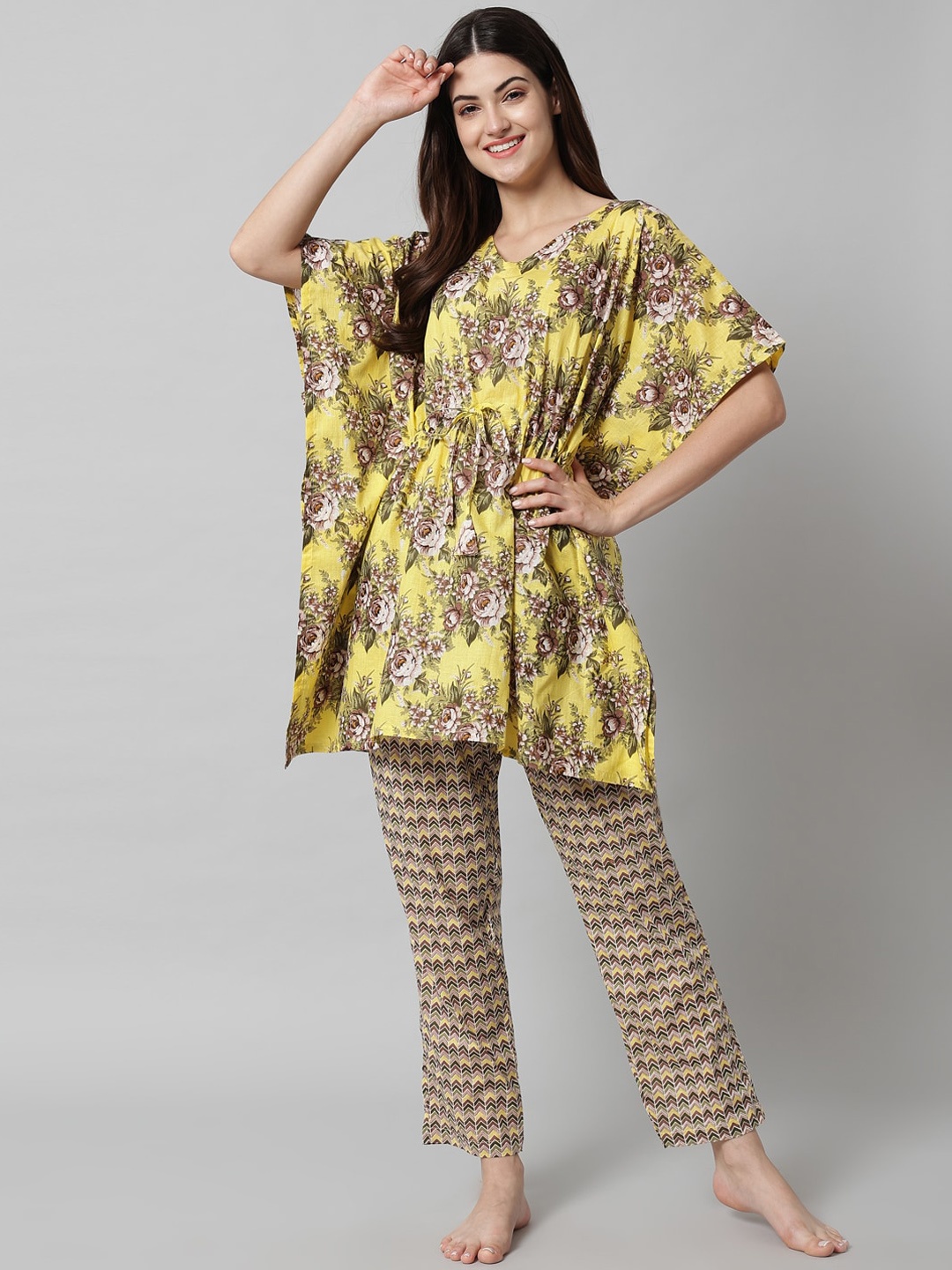 

SEPHANI Floral Printed Pure Cotton Night Suit, Yellow