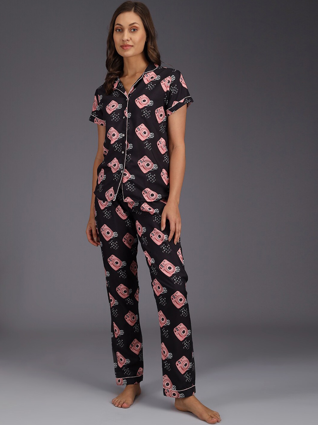 

SEPHANI Ethnic Motifs Printed Pure Cotton Night Suit, Black