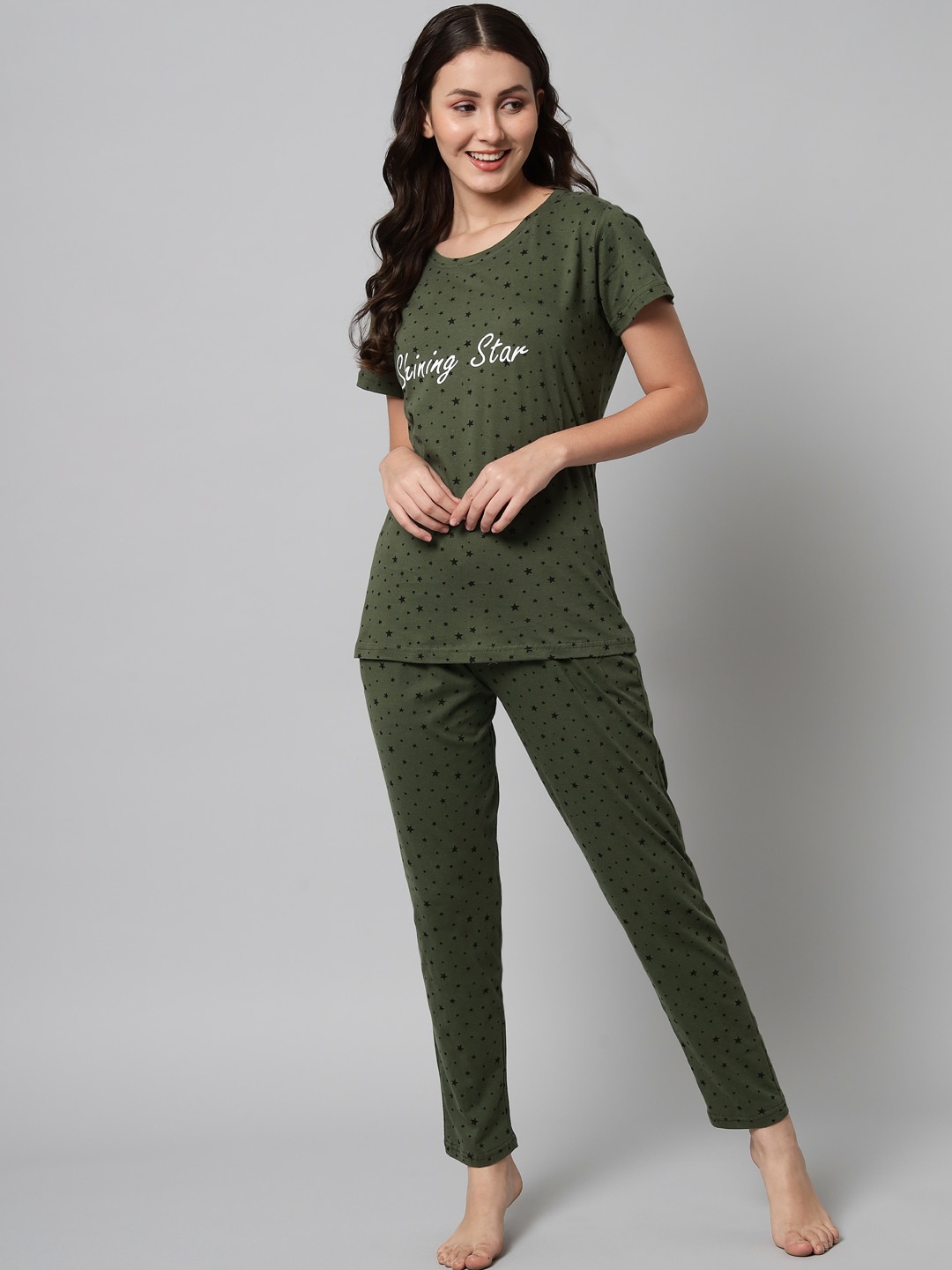 

SEPHANI Typography Printed Pure Cotton Night Suit, Green