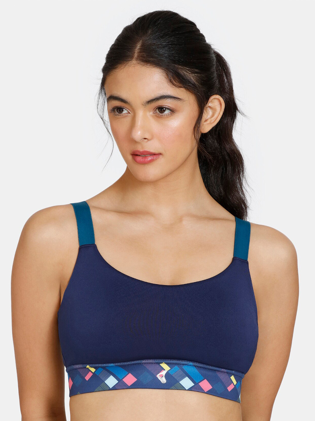 

Zelocity by Zivame Geometric Printed Removable Padded Non Wired All Day Comfort Sports Bra, Blue