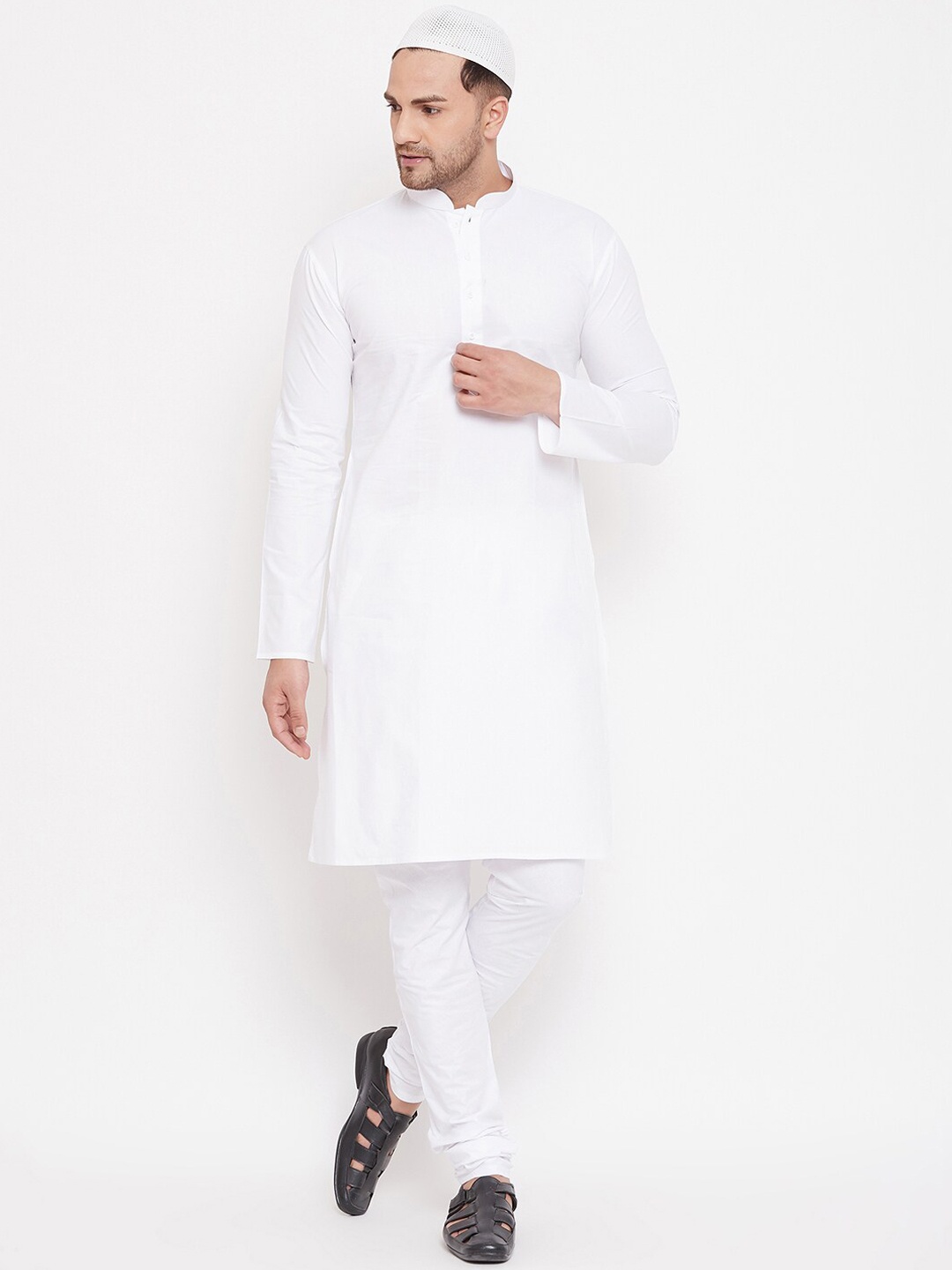 

VASTRAMAY Pure Cotton Kurta With Churidar And Cap, White