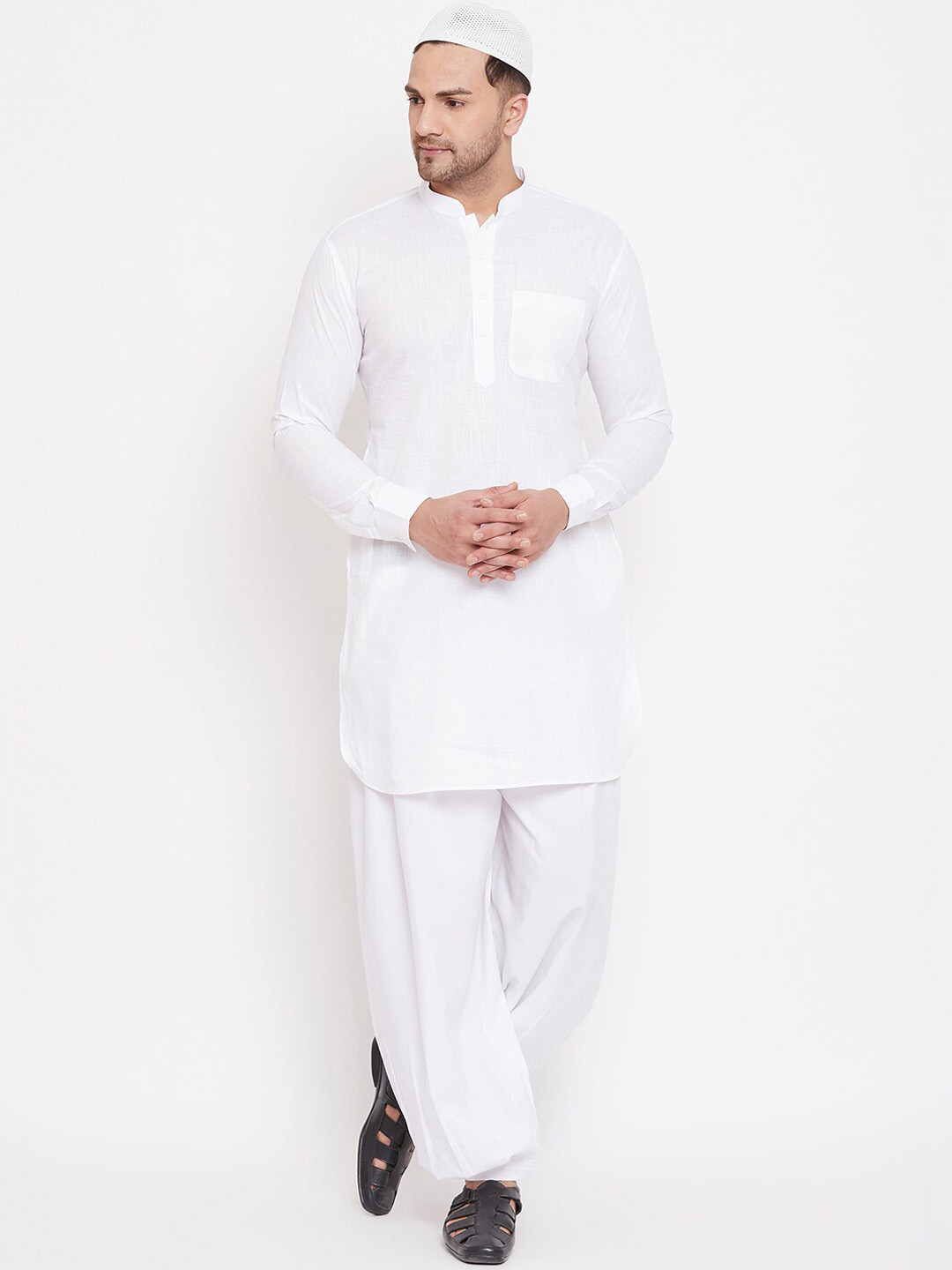 

VASTRAMAY Mandarin Collar Pathani Kurta & Pyjama With Cap, White