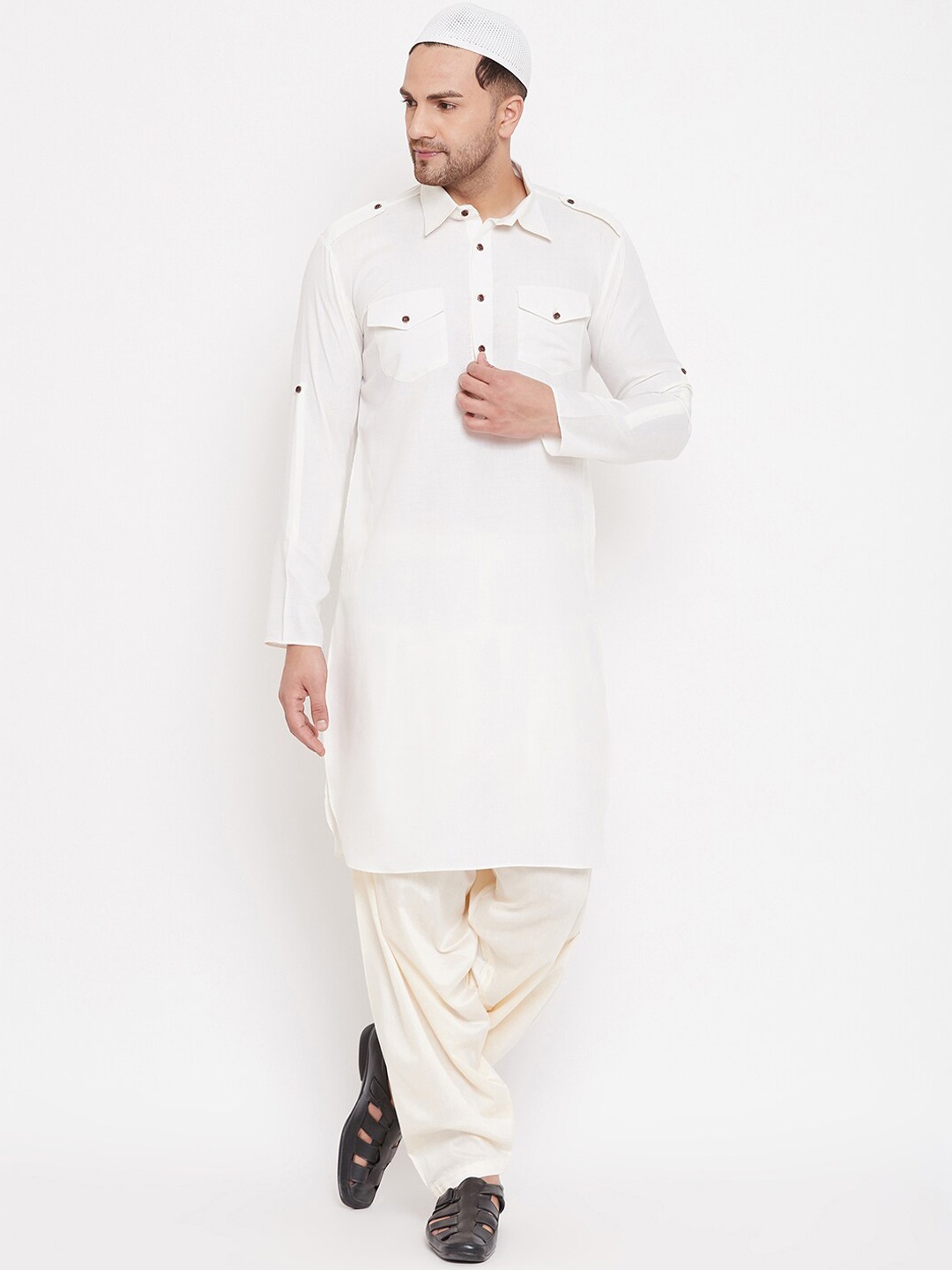 

VASTRAMAY Shirt Collar Pathani Kurta & Pyjama With Cap, White