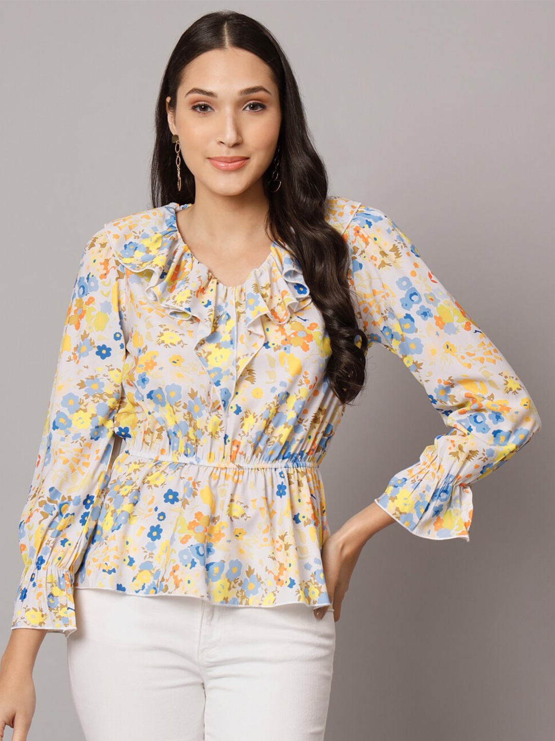 

ADDYVERO Floral Printed Bell Sleeve Ruffles Cinched Waist Top, Beige