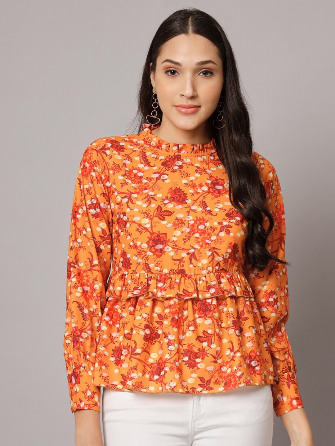 

ADDYVERO Floral Print Puff Sleeve Ruffles Top, Orange