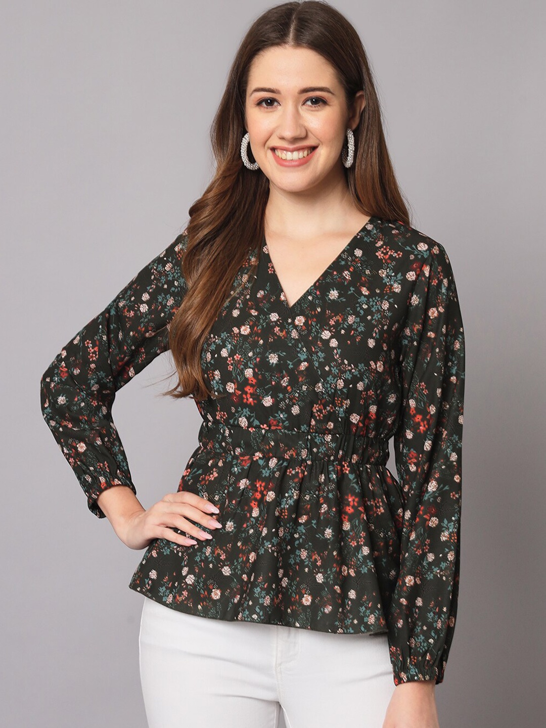 

ADDYVERO Floral Printed Cinched Waist Top, Charcoal