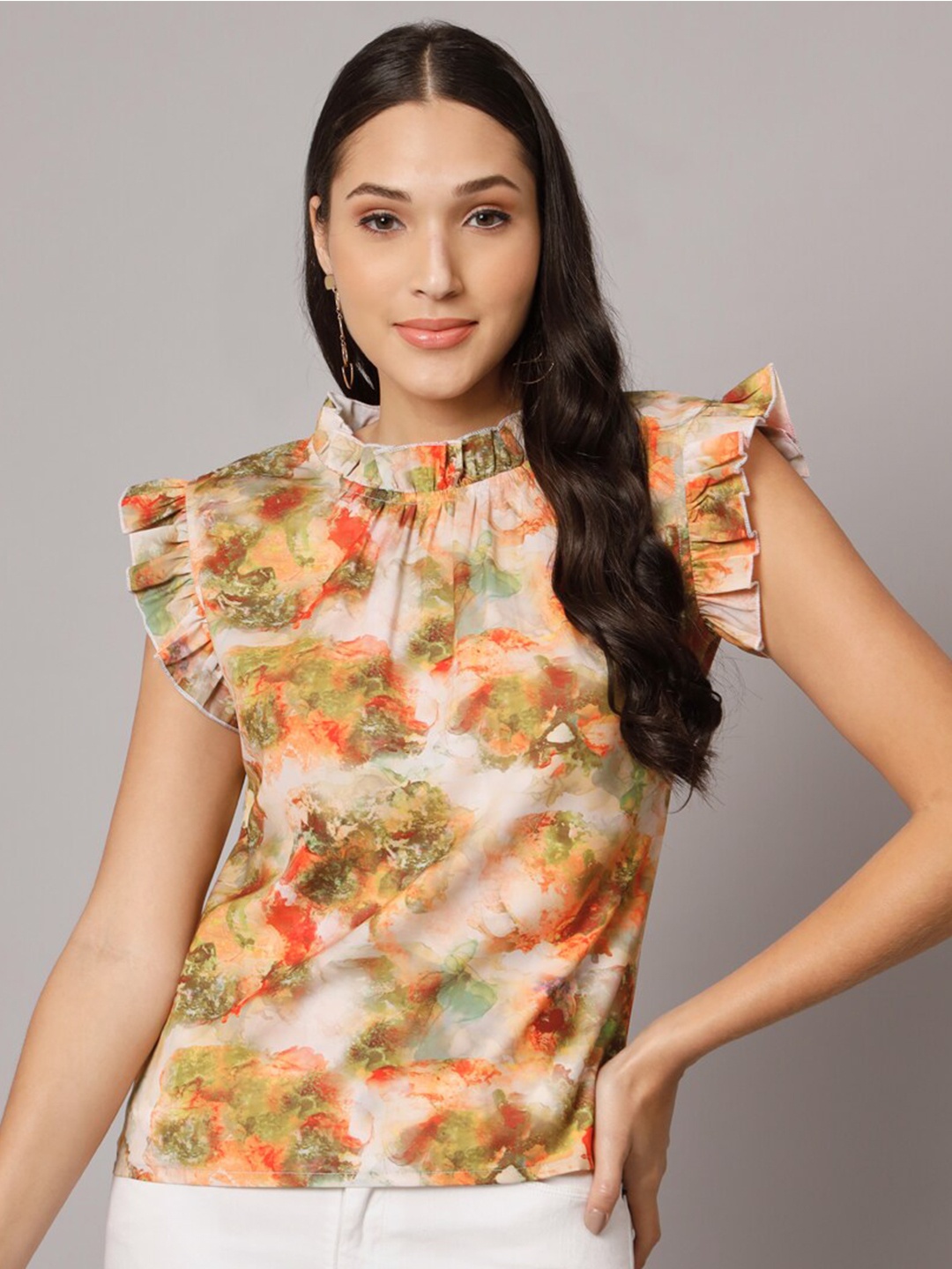 

ADDYVERO Round Neck Flutter Sleeve Ruffles Top, White