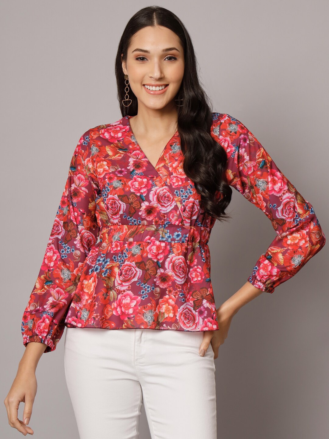 

ADDYVERO Floral Printed Cinched Waist Top, Pink