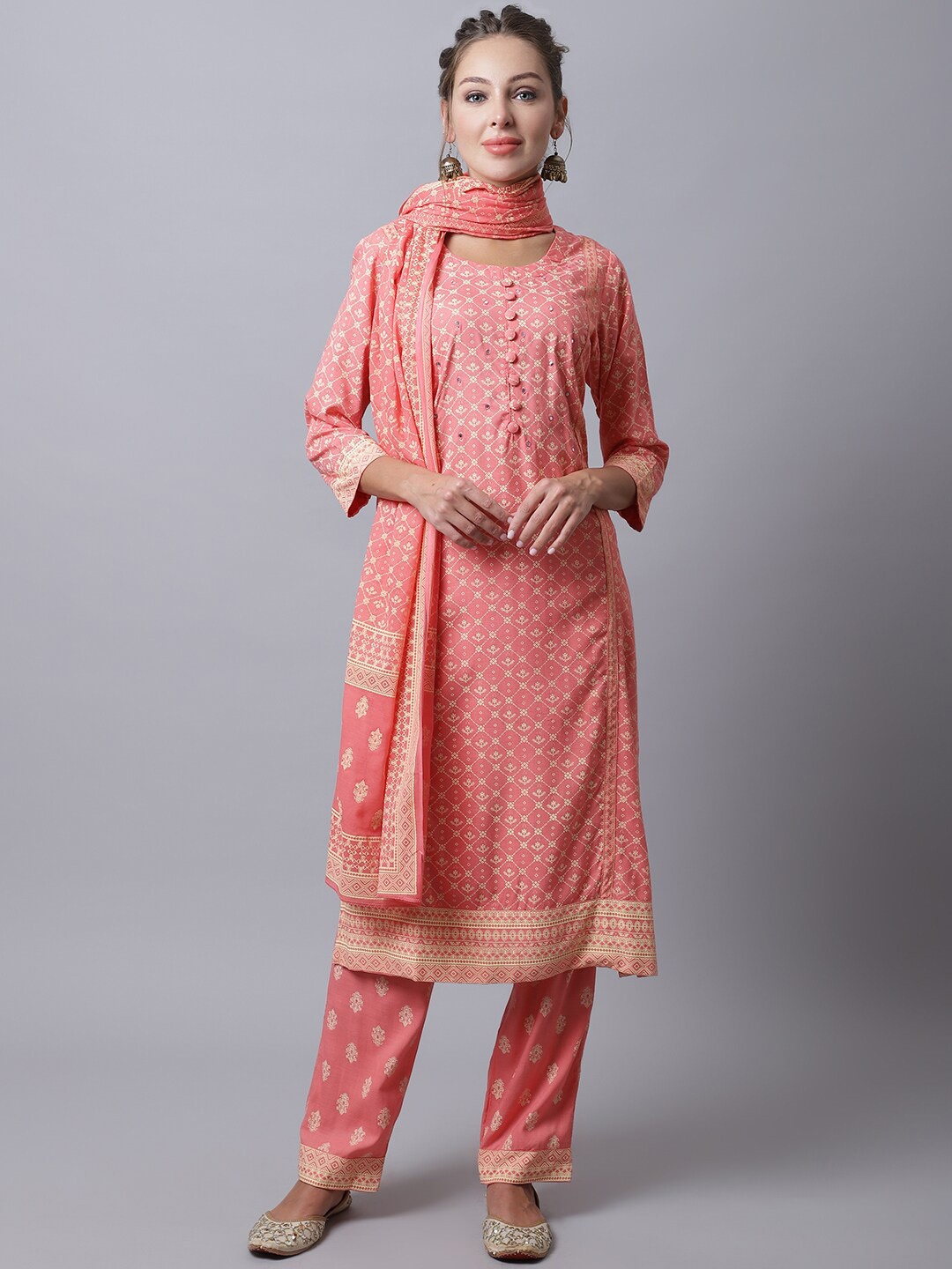 

SOUNDARYA Ethnic Motif Printed Pure Cotton Mirror Work Kurta With Trousers & Dupatta, Peach