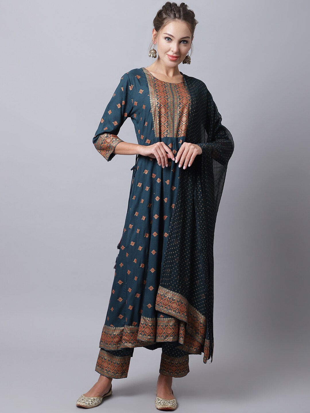 

SOUNDARYA Ethnic Motif Printed A-Line Kurta With Trousers & Dupatta, Teal