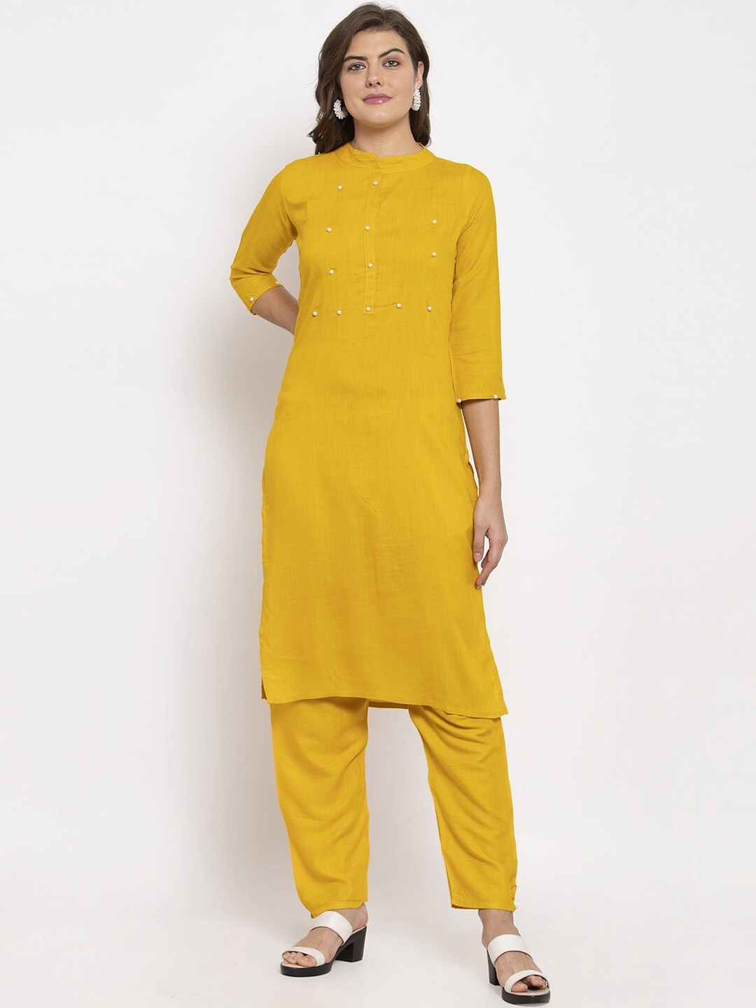 

SOUNDARYA Band Collar Beads and Stones Kurta With Trousers, Mustard