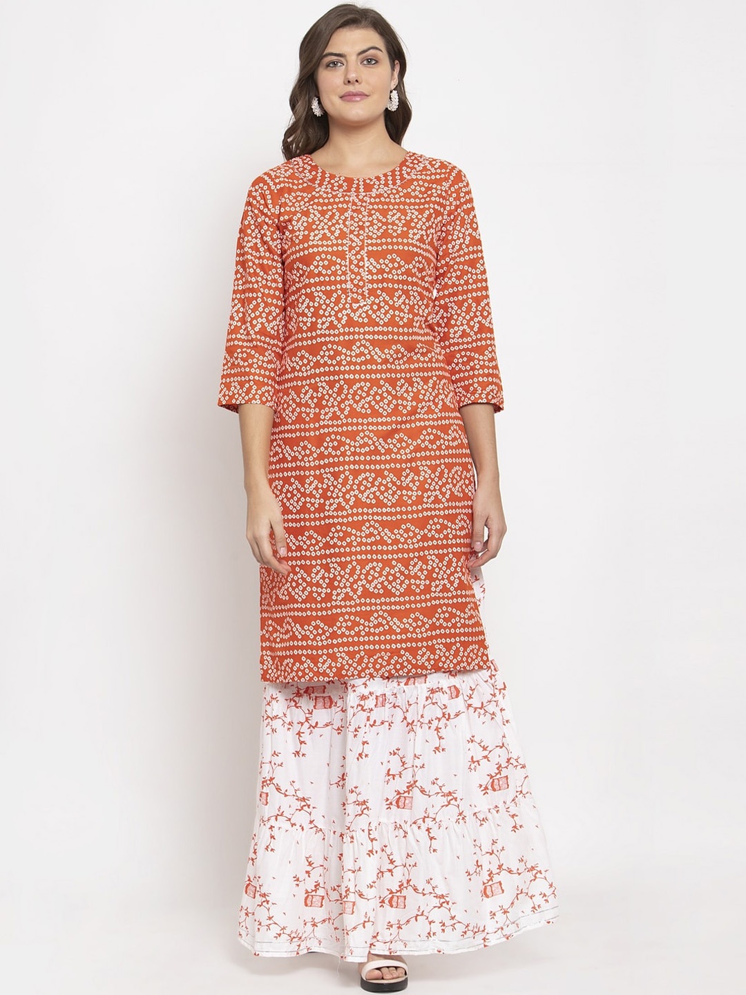 

SOUNDARYA Bandhani Printed Pure Cotton Gotta Patti Kurta With Skirt, Orange