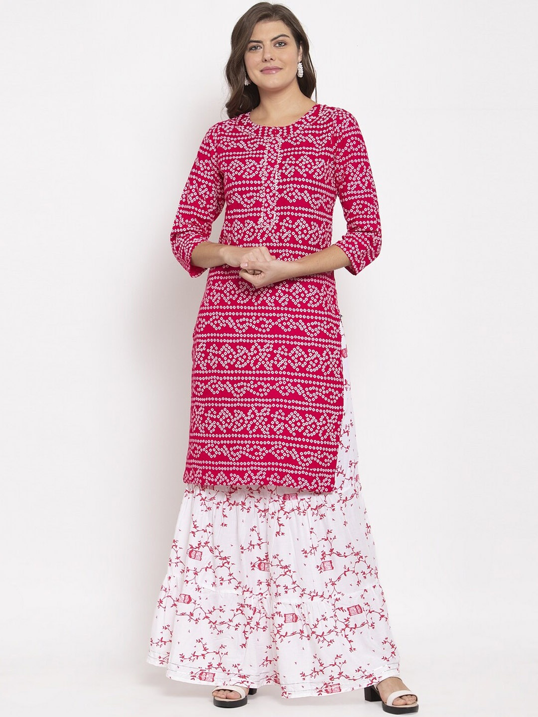 

SOUNDARYA Bandhani Printed Pure Cotton Gotta Patti Kurta With Skirt, Pink