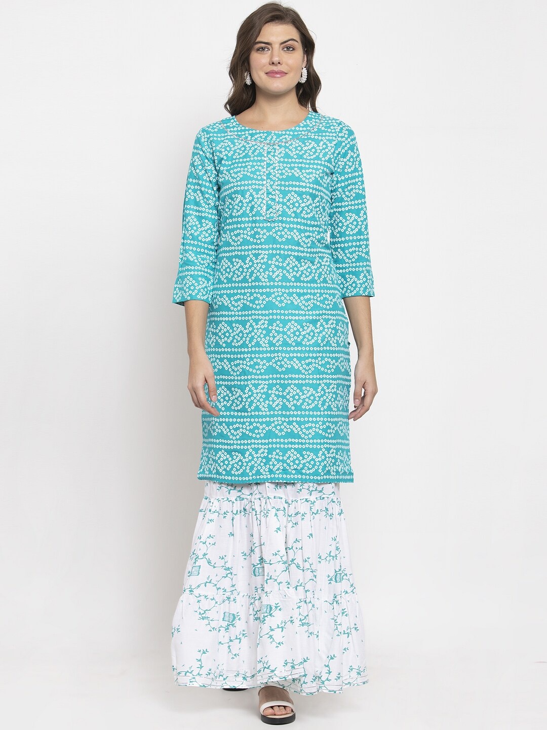 

SOUNDARYA Bandhani Printed Pure Cotton Gotta Patti Kurta With Skirt, Turquoise blue