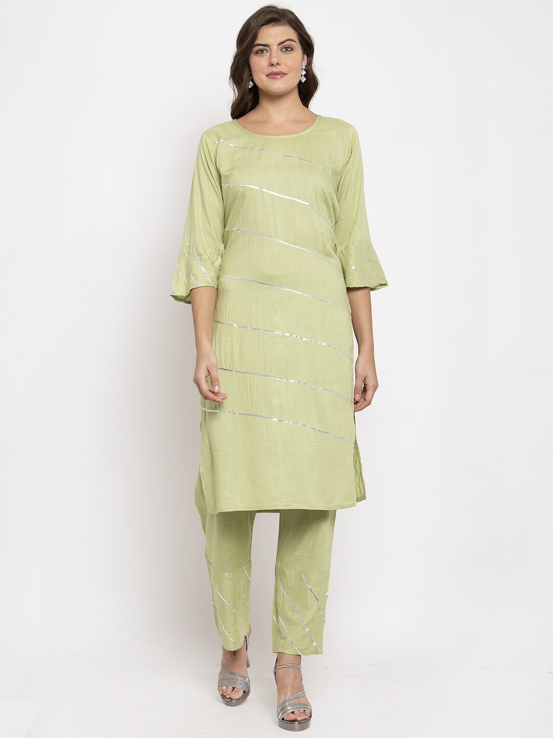 

SOUNDARYA Striped Bell Sleeves Gotta Patti Pure Cotton Kurta With Trousers, Olive