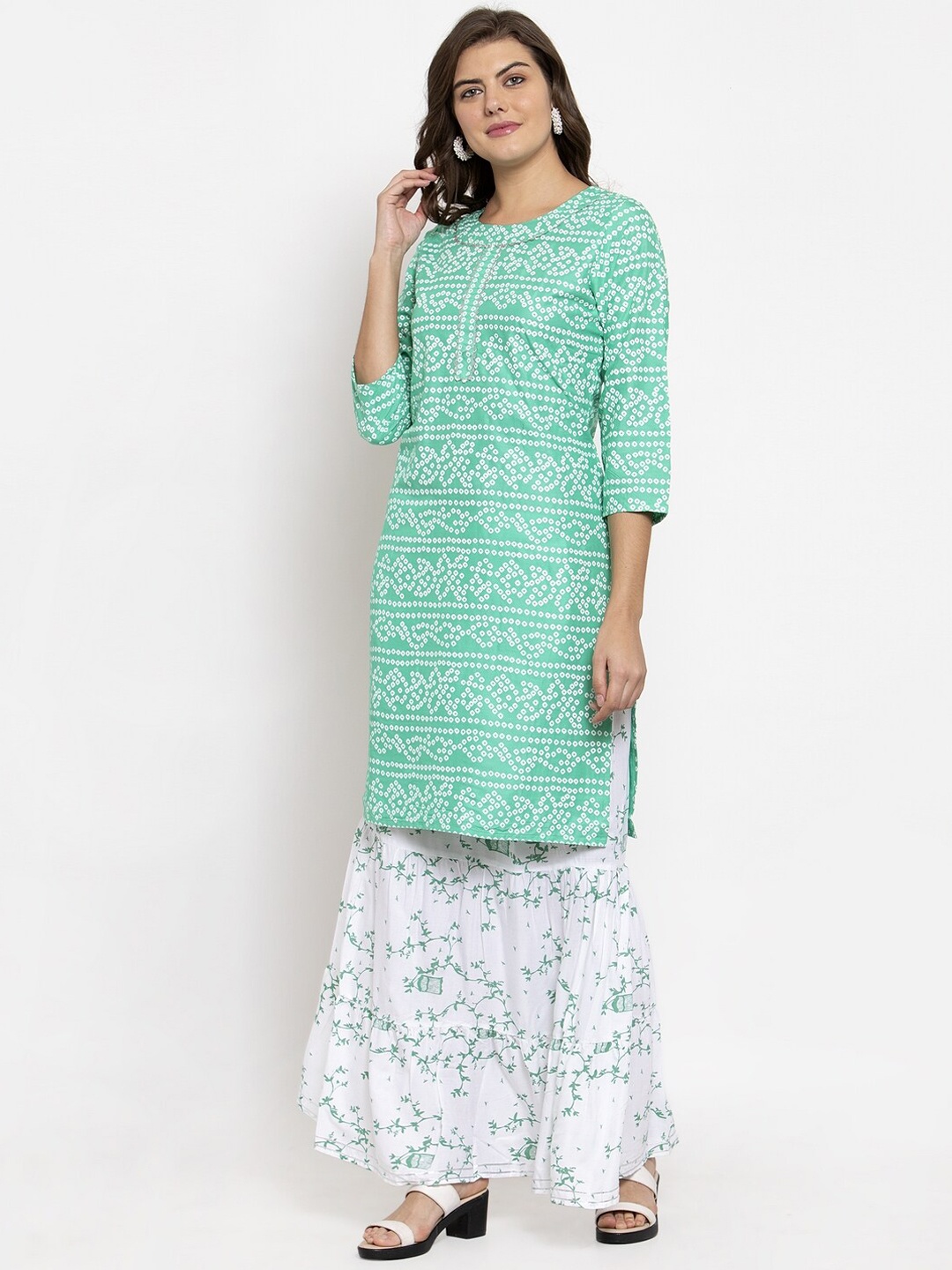 

SOUNDARYA Bandhani Printed Pure Cotton Gotta Patti Kurta With Skirt, Sea green