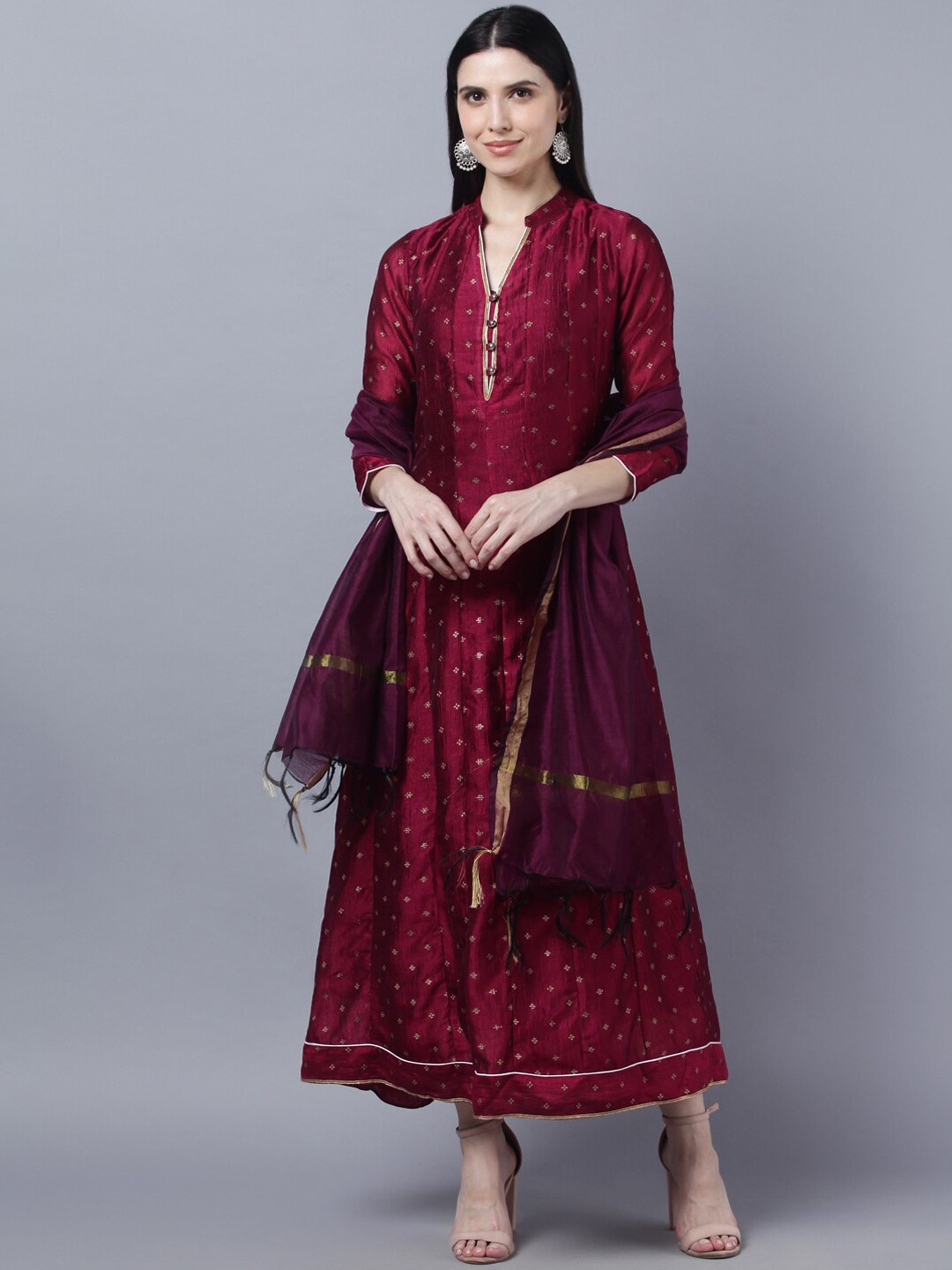 

Myshka Ethnic Motif Self Design Mandarin Collar Ethnic Dress, Maroon