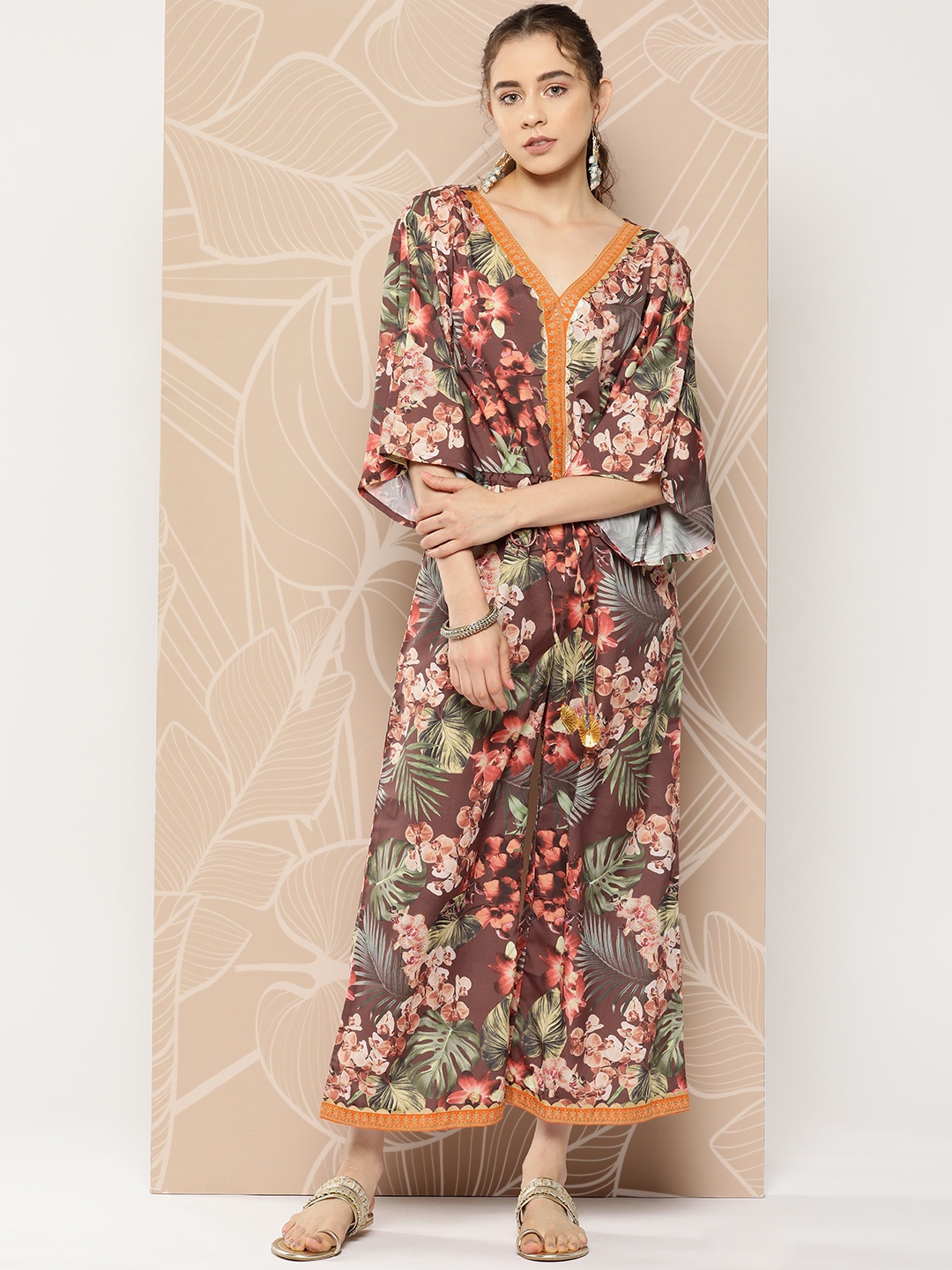 

Ahalyaa Printed Waist Tie-Ups Basic Jumpsuit, Brown