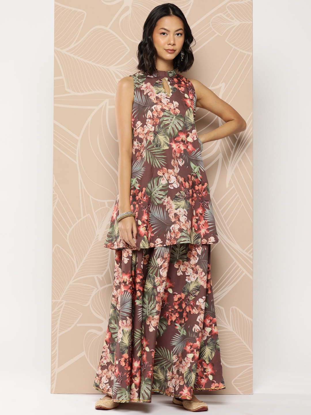 

Ahalyaa Printed Crepe Tunic With Skirt, Brown