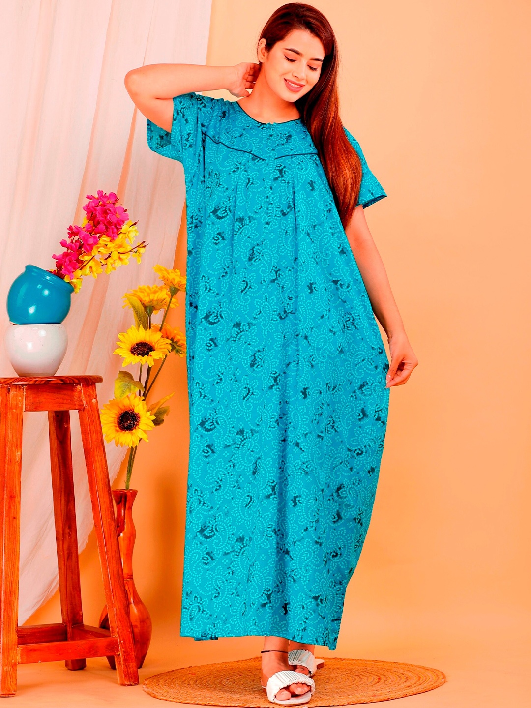 

METRO-FASHION Ethnic Motifs Printed Pure Cotton Maxi Nightdress, Blue