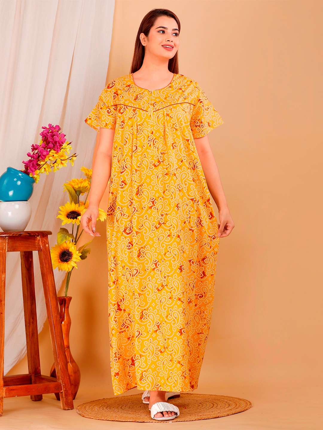 

METRO-FASHION Floral Printed Pure Cotton Maxi Nightdress, Yellow