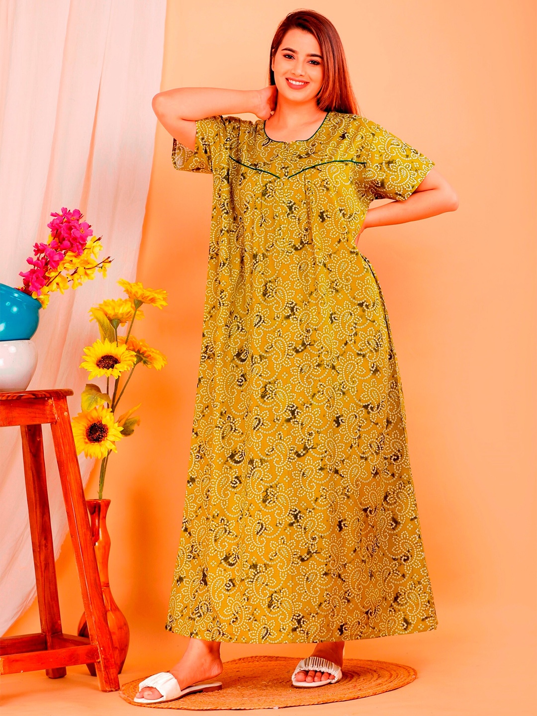

METRO-FASHION Floral Printed Pure Cotton Maxi Nightdress, Green