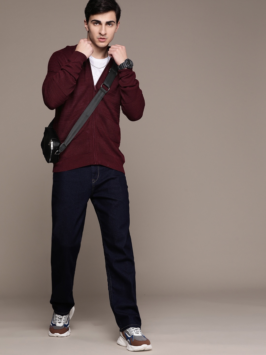 

The Roadster Lifestyle Co. Self Striped Acrylic Cardigan, Maroon