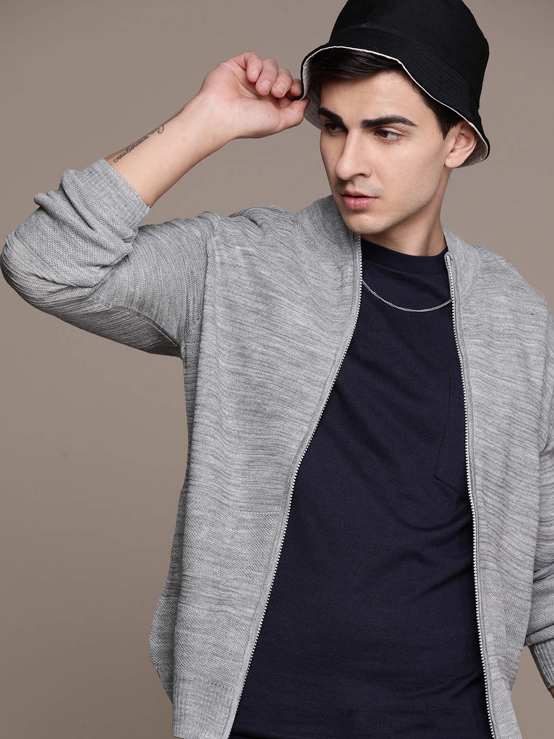 

The Roadster Lifestyle Co. Self Striped Acrylic Cardigan, Grey melange