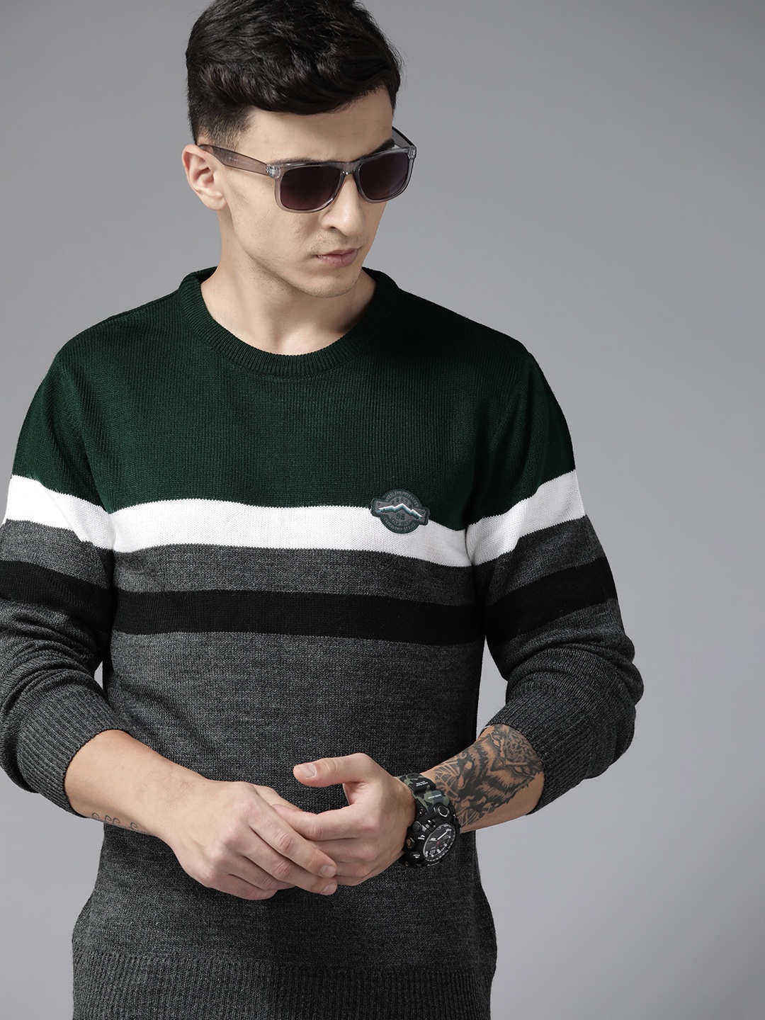 

The Roadster Lifestyle Co. Horizontally Striped Pullover with Applique Detail, Grey