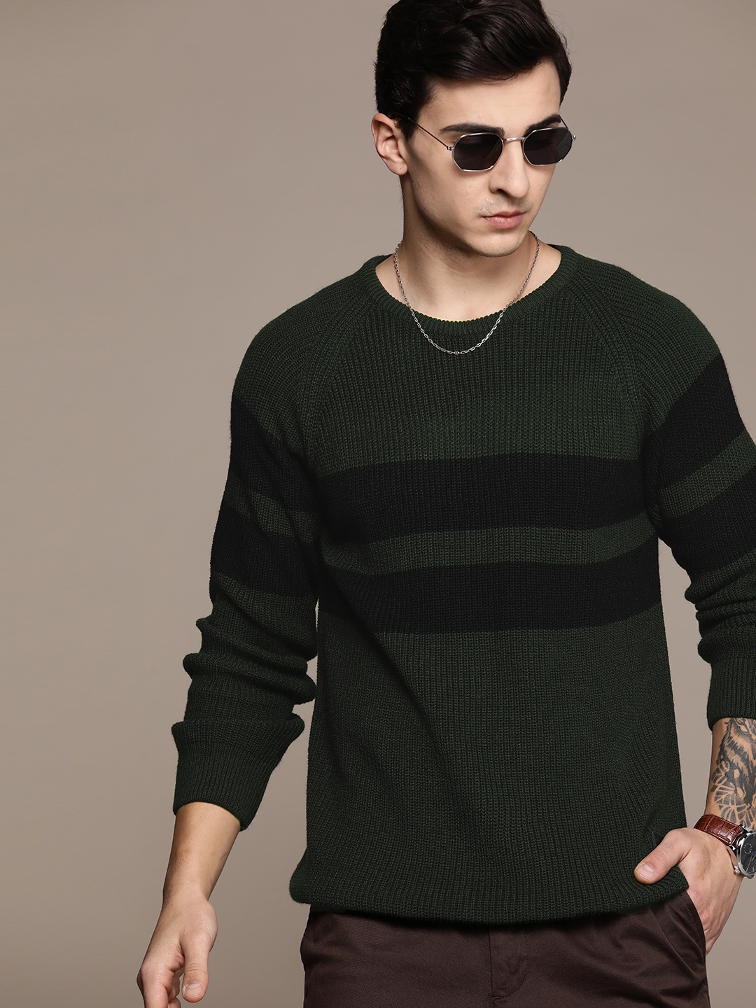 

The Roadster Lifestyle Co. Pure Acrylic Striped Pullover, Green