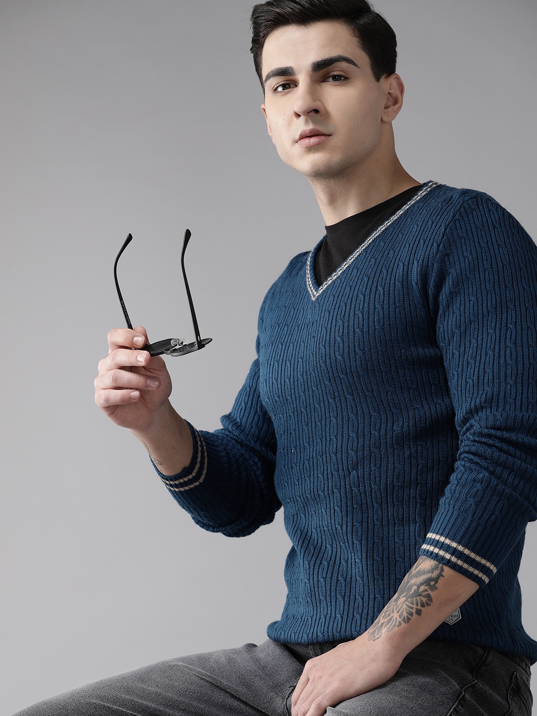 

The Roadster Lifestyle Co.Men Cable Knit Pullover, Navy blue