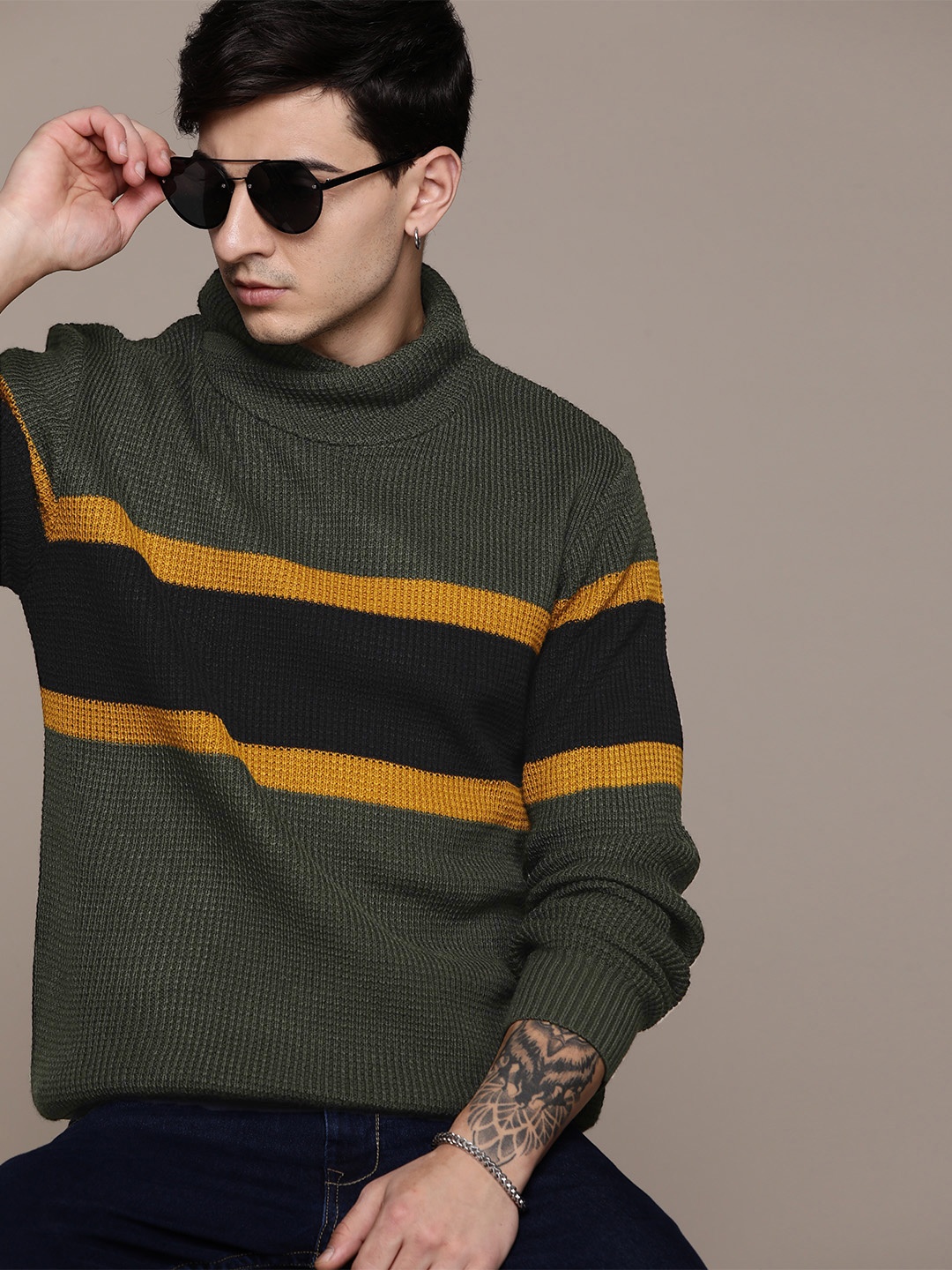 

The Roadster Lifestyle Co. Striped Turtle Neck Acrylic Pullover, Olive