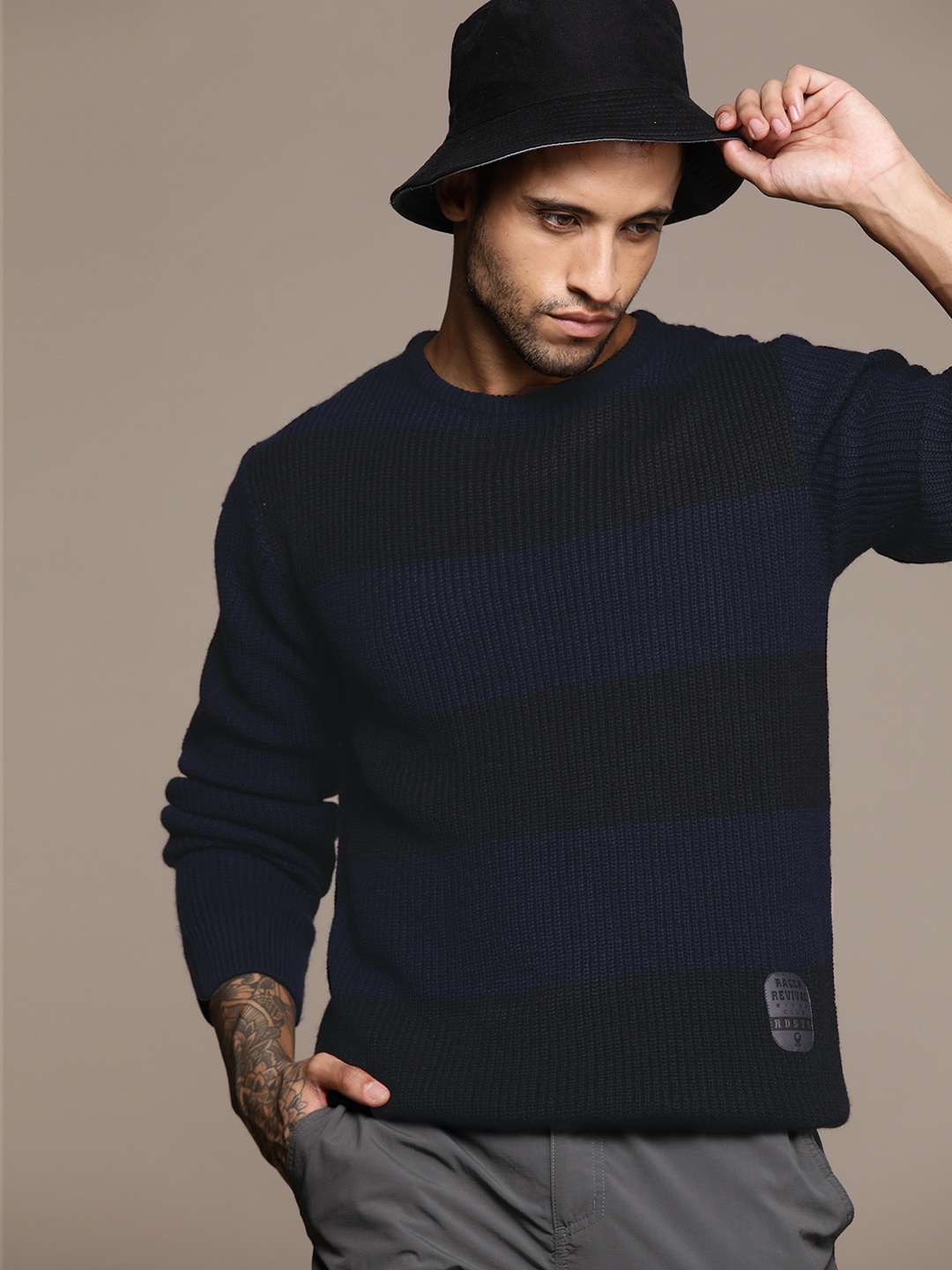 

The Roadster Lifestyle Co. Pure Acrylic Striped Pullover, Navy blue