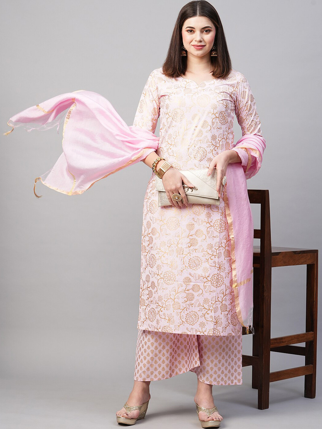 

KALINI Floral Printed Sweetheart Neck Kurta with Palazzos & Dupatta, Pink