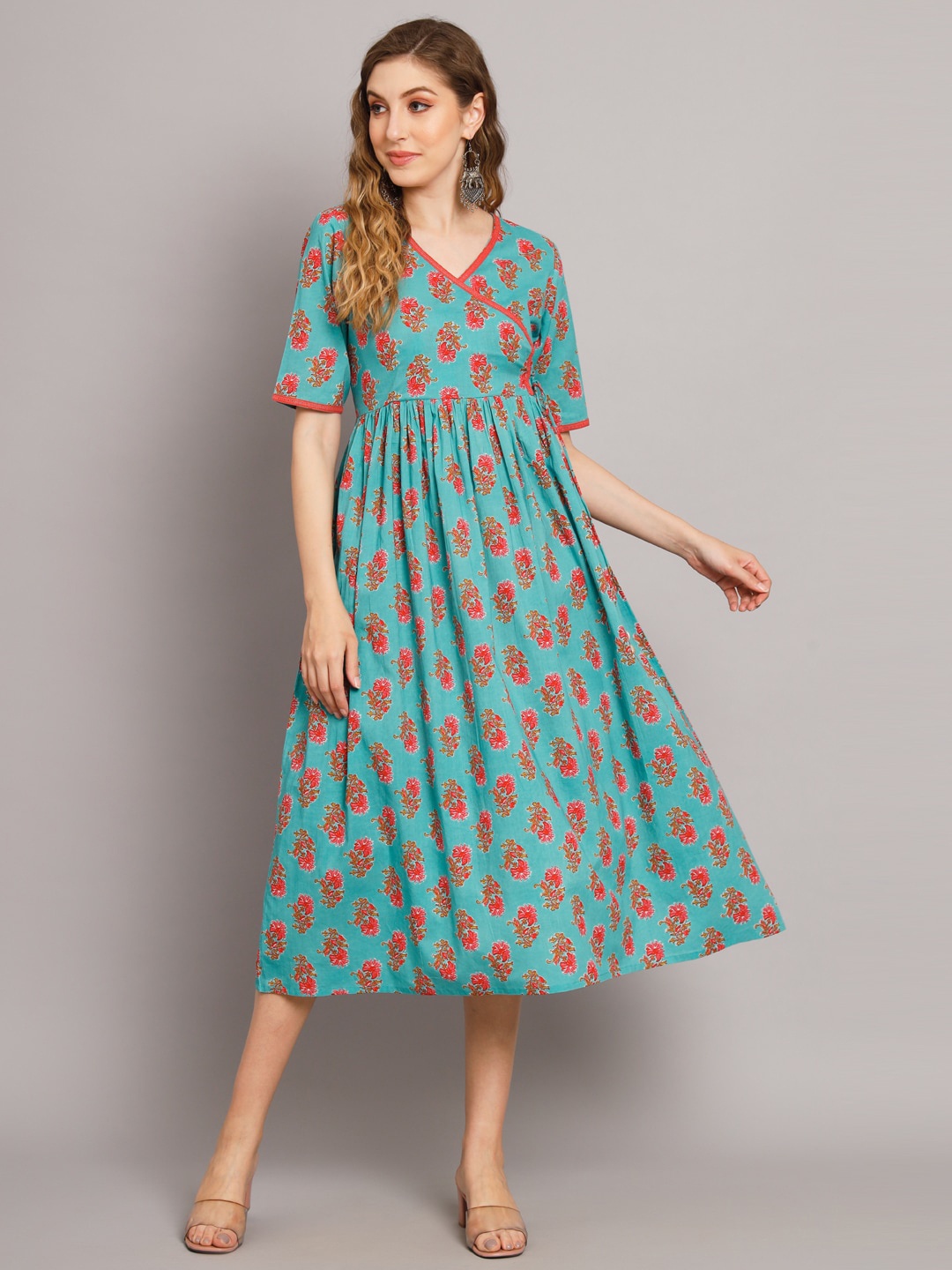 

DECKEDUP Floral Print A-Line Midi Dress, Turquoise blue