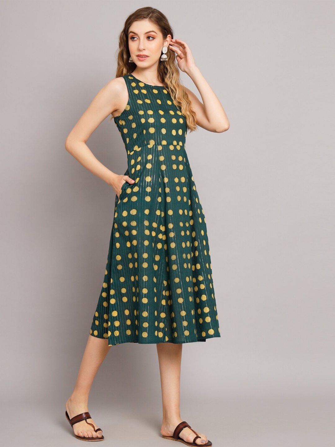 

DECKEDUP Polka Dots Printed A-Line Midi Dress, Green