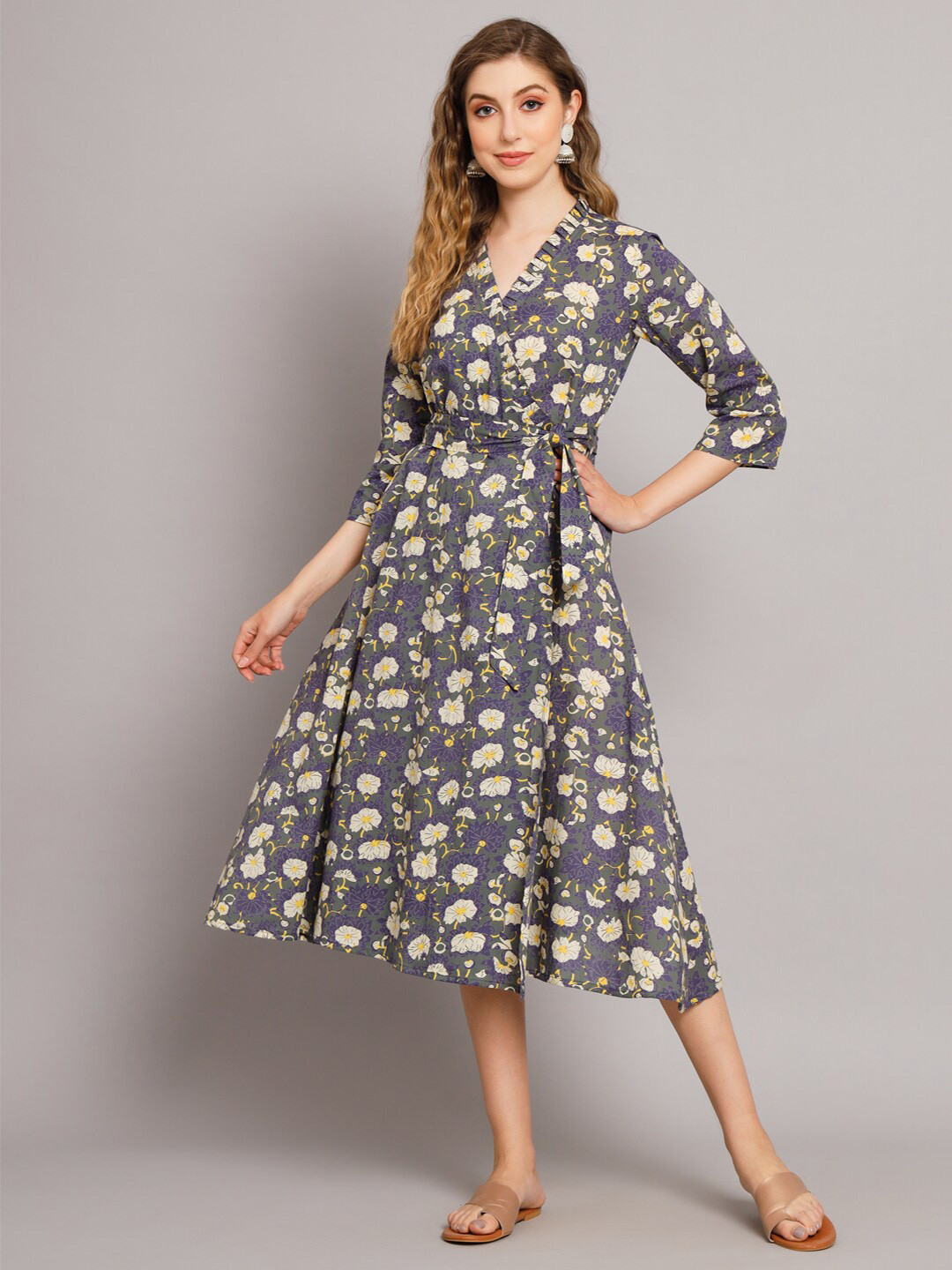 

DECKEDUP V-Neck Floral Print A-Line Midi Dress, Grey